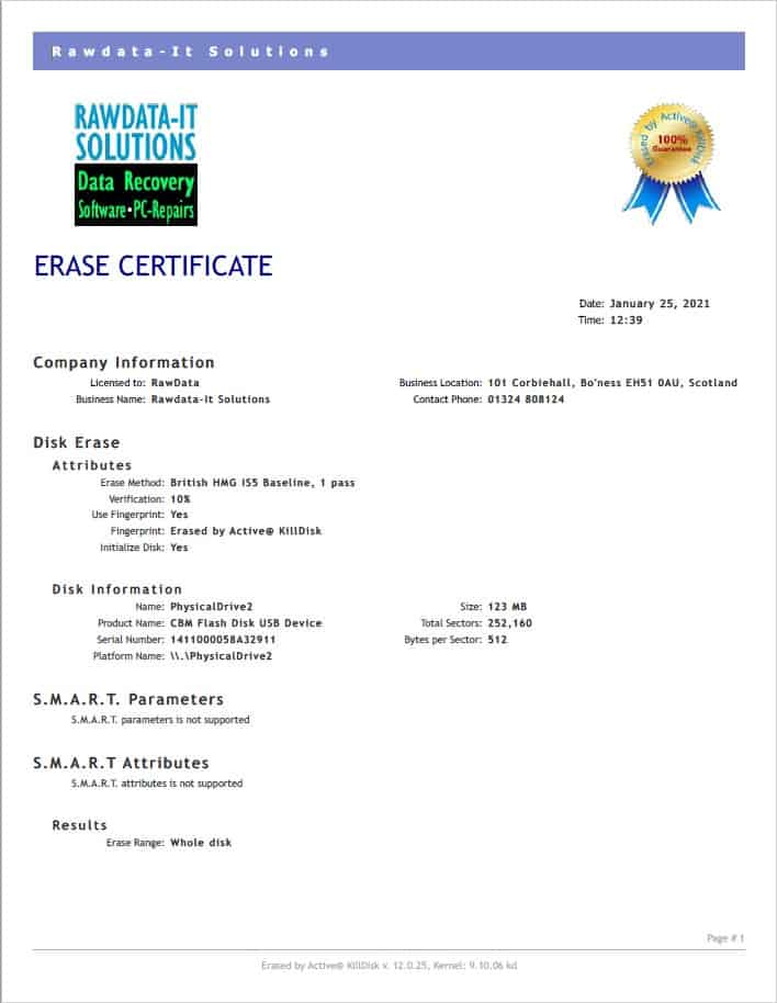 Certificate of Data Destruction